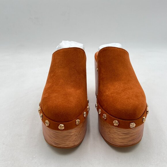 Brown Round Toe Studded Platform Mule Slip on Cork Chunky Block High Heel Clogs - Picture 3 of 8